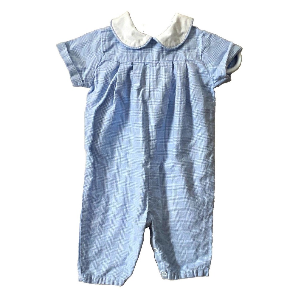 Bailey Boys Classics Blue White Gingham Collared Romper One-Piece 3M Snap